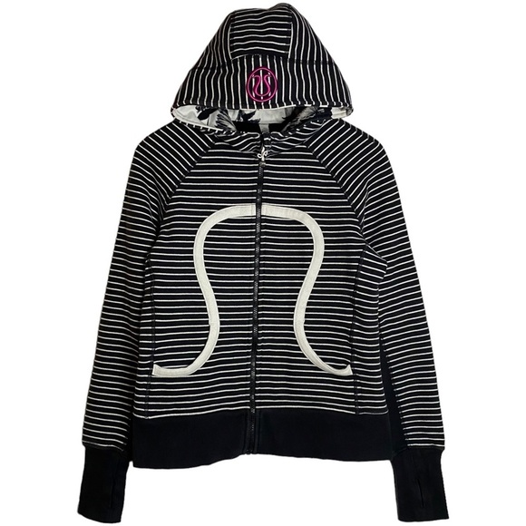 Lululemon Black White Horizontal Stripes Scuba Hoodie Thumb holes Full Zip 10 - Picture 1 of 15